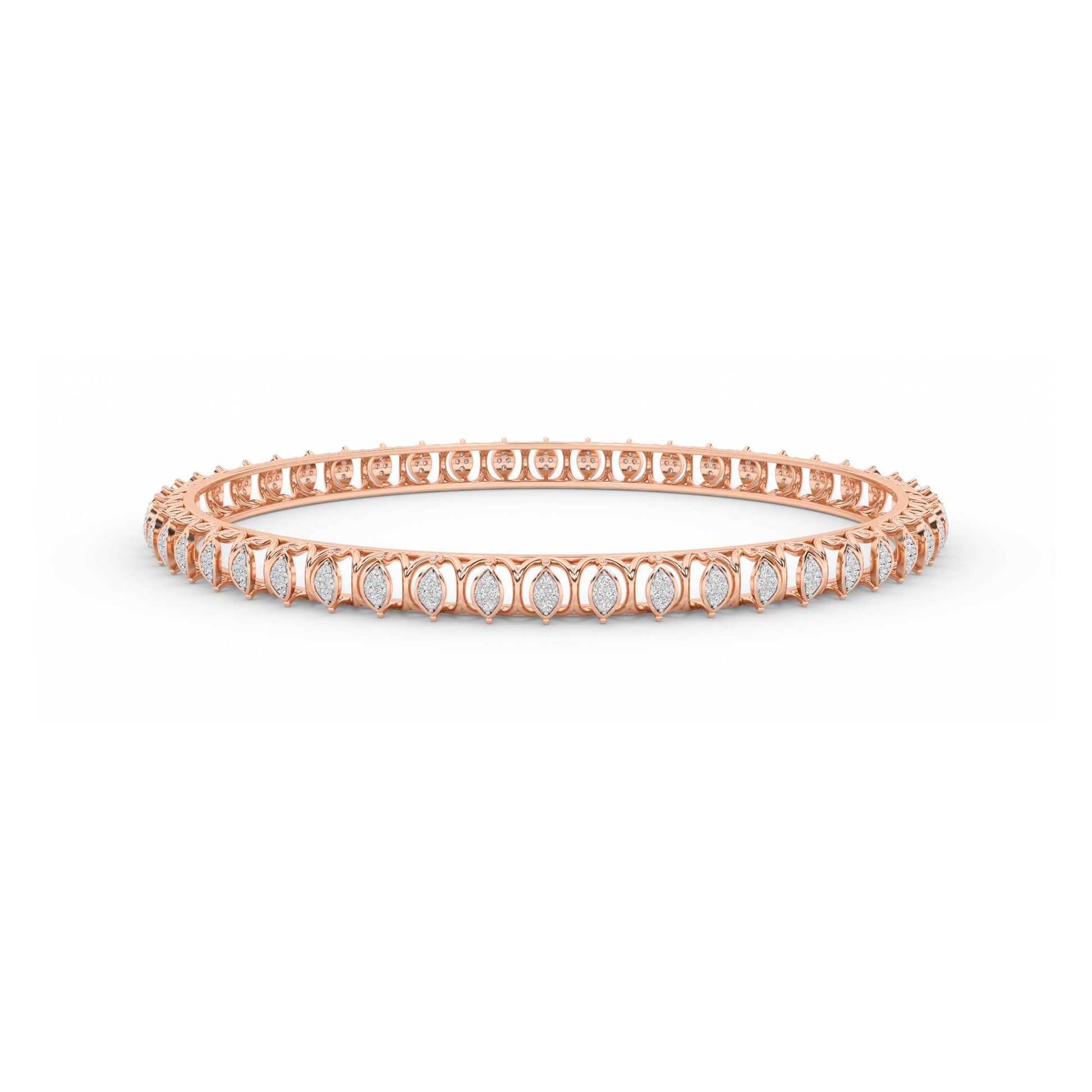 CaratWorld rose gold diamond bangle with intricate top view design and luxurious craftsmanship