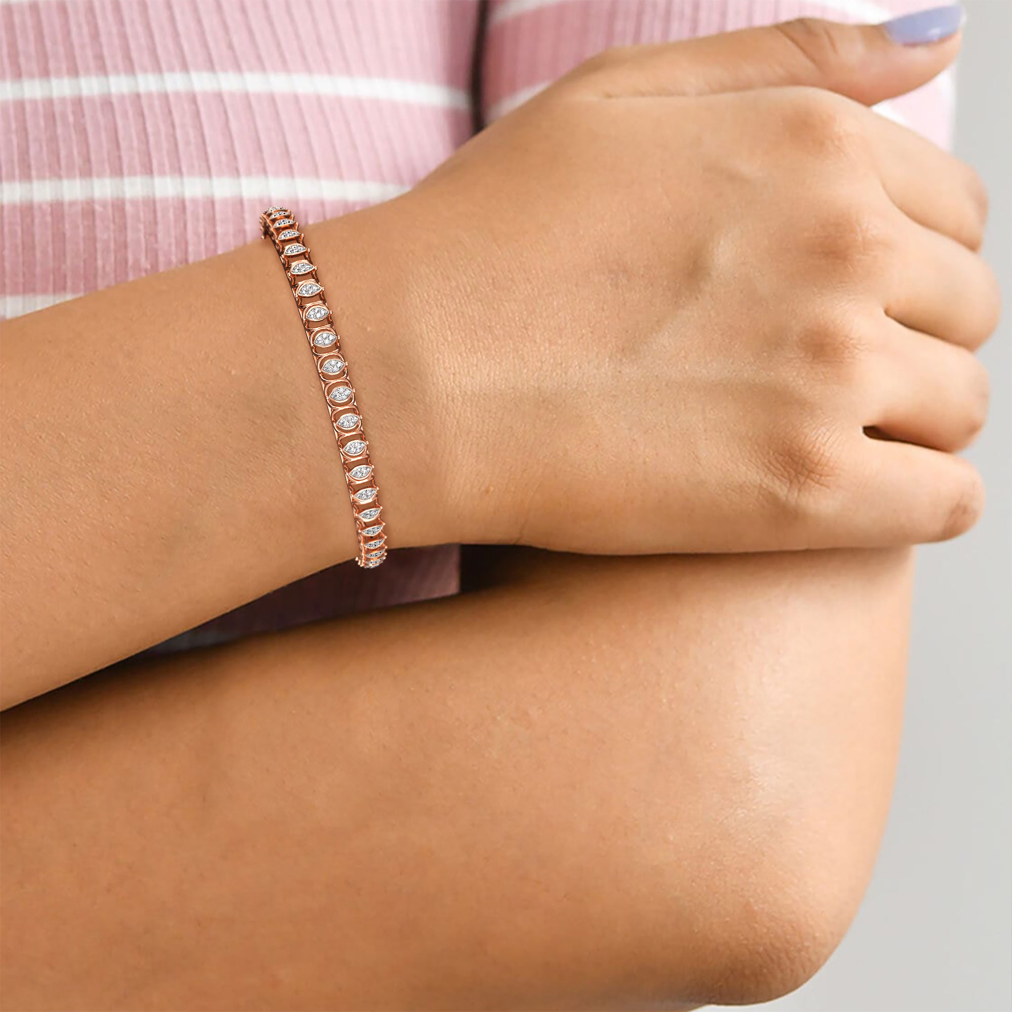 CaratWorld rose gold diamond bangle with intricate top view design and luxurious craftsmanship