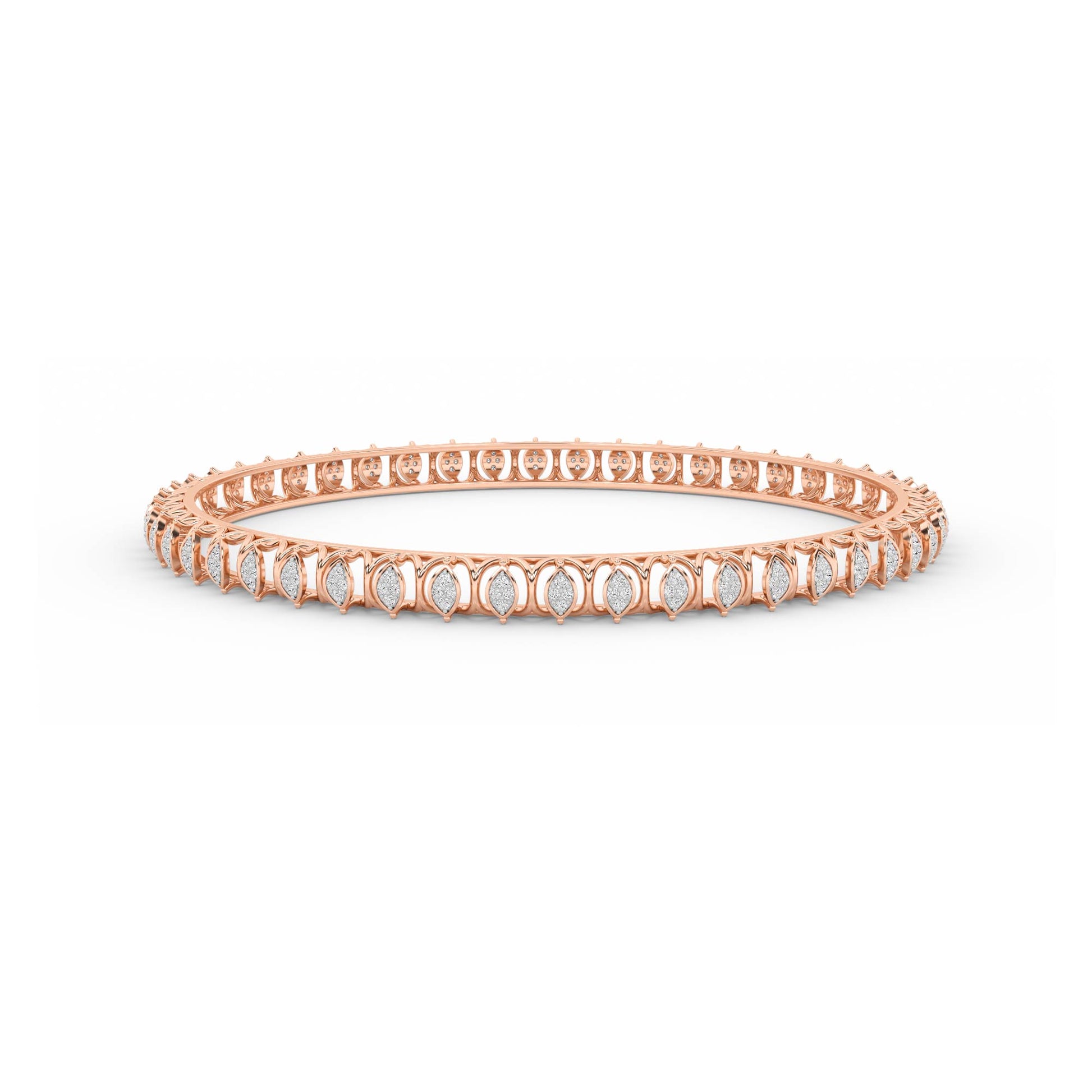 CaratWorld rose gold diamond bangle with intricate top view design and luxurious craftsmanship