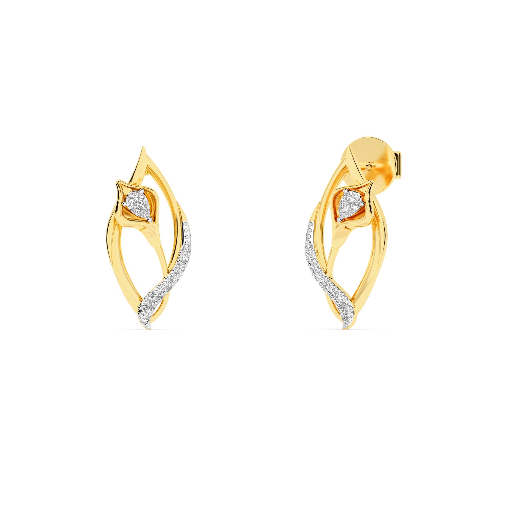 CaratWorld 3D yellow gold diamond earrings with intricate detailing and luxury finish