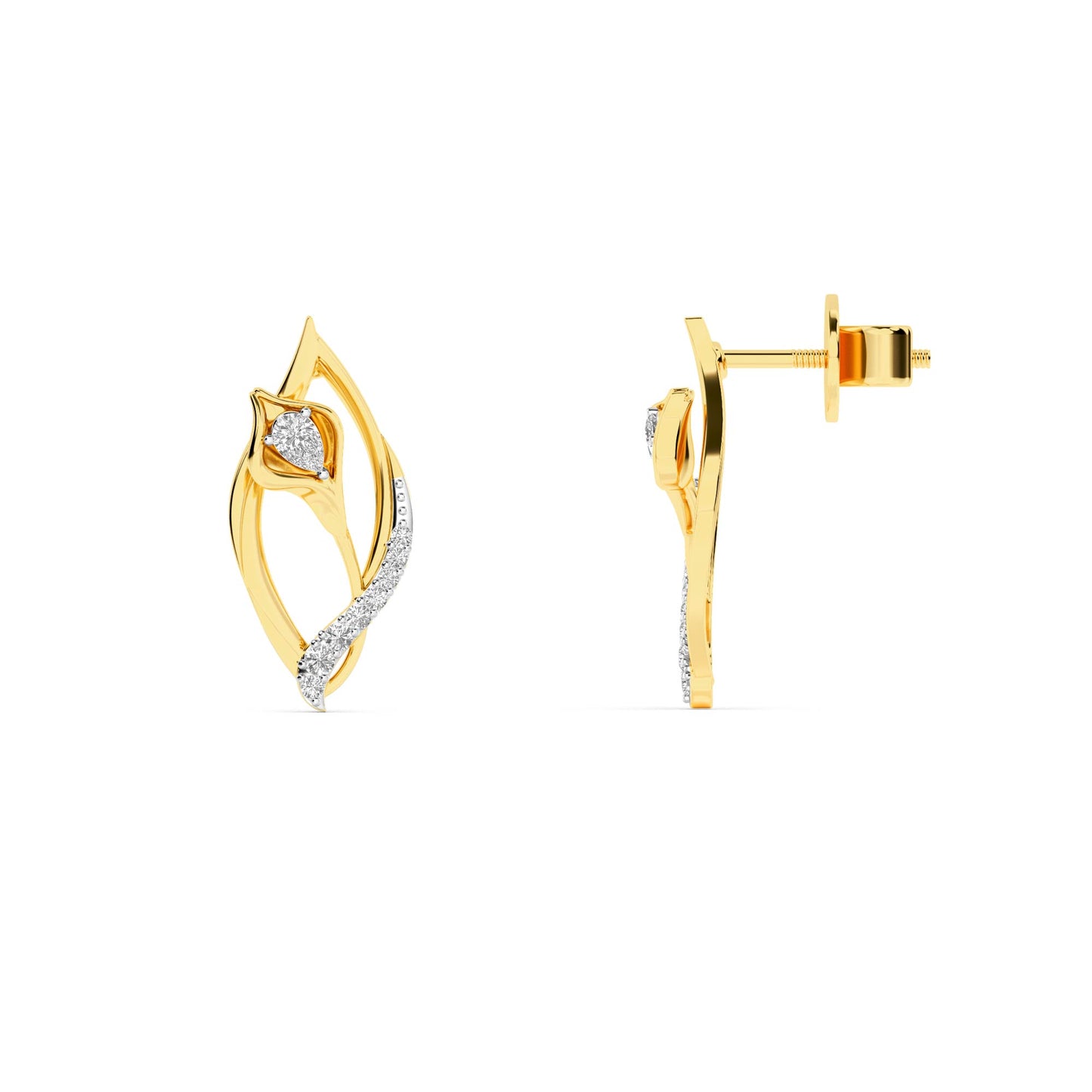 CaratWorld 3D yellow gold diamond earrings with intricate detailing and luxury finish